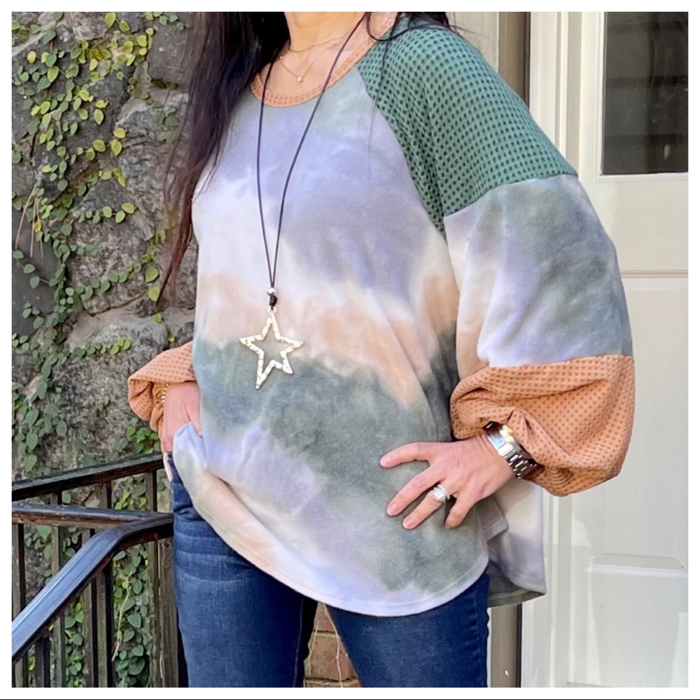 Boho Chic Tie Dye Print Contrast sleeve tunic top - Picture 4 of 6